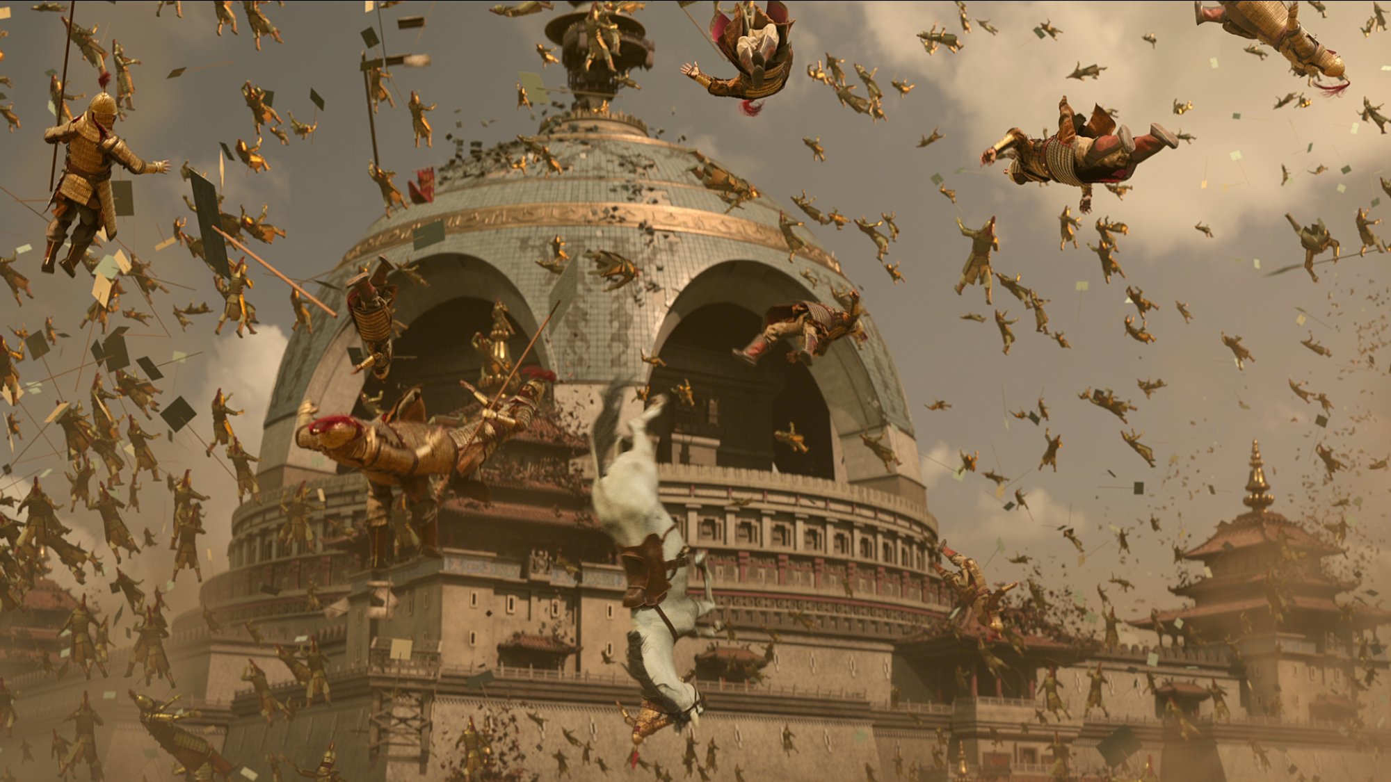 Warriors and horses float in anti-gravity chaos in front of a palace.